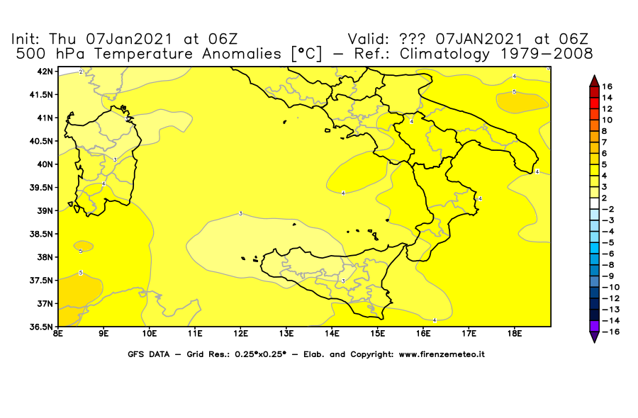 Mappa di analisi GFS - Anomalia Temperatura [°C] a 500 hPa in Sud-Italia
							del 07/01/2021 06 <!--googleoff: index-->UTC<!--googleon: index-->
