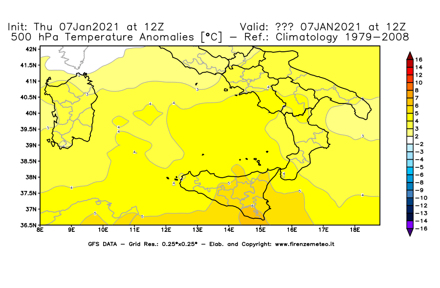 Mappa di analisi GFS - Anomalia Temperatura [°C] a 500 hPa in Sud-Italia
							del 07/01/2021 12 <!--googleoff: index-->UTC<!--googleon: index-->