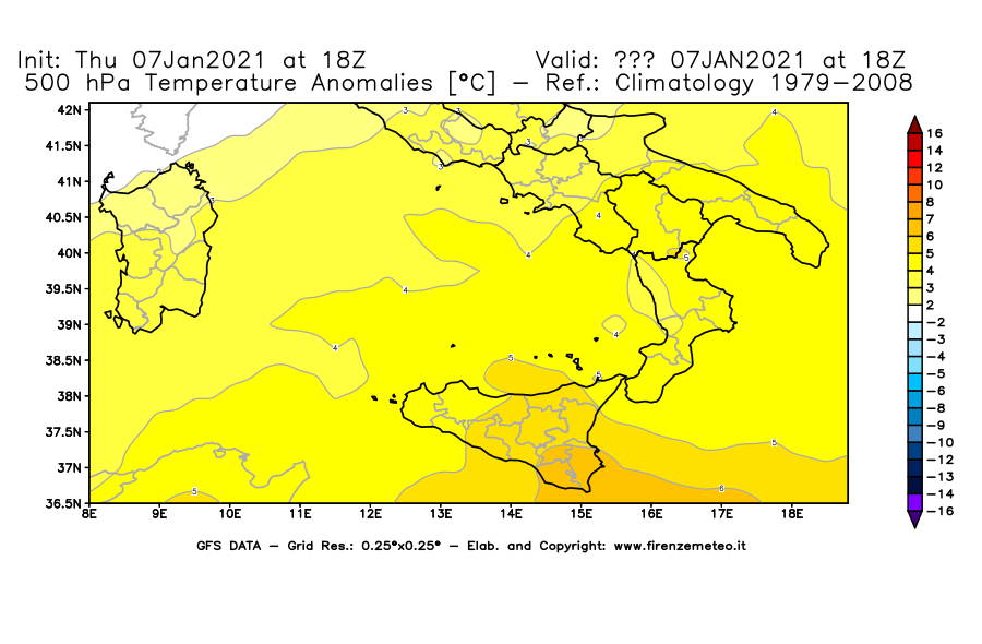 Mappa di analisi GFS - Anomalia Temperatura [°C] a 500 hPa in Sud-Italia
							del 07/01/2021 18 <!--googleoff: index-->UTC<!--googleon: index-->