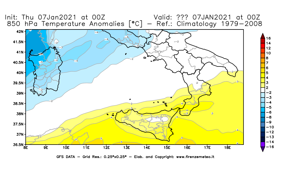 Mappa di analisi GFS - Anomalia Temperatura [°C] a 850 hPa in Sud-Italia
							del 07/01/2021 00 <!--googleoff: index-->UTC<!--googleon: index-->