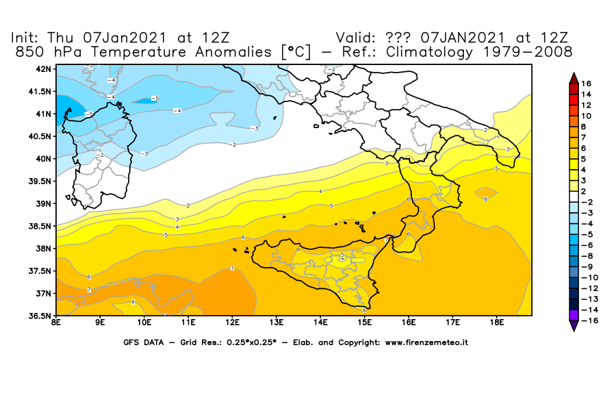 Mappa di analisi GFS - Anomalia Temperatura [°C] a 850 hPa in Sud-Italia
							del 07/01/2021 12 <!--googleoff: index-->UTC<!--googleon: index-->