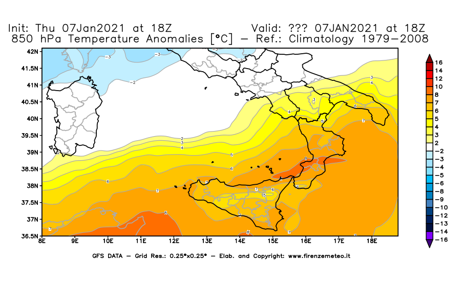 Mappa di analisi GFS - Anomalia Temperatura [°C] a 850 hPa in Sud-Italia
							del 07/01/2021 18 <!--googleoff: index-->UTC<!--googleon: index-->