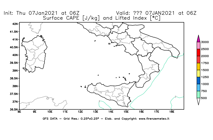 Mappa di analisi GFS - CAPE [J/kg] e Lifted Index [°C] in Sud-Italia
							del 07/01/2021 06 <!--googleoff: index-->UTC<!--googleon: index-->