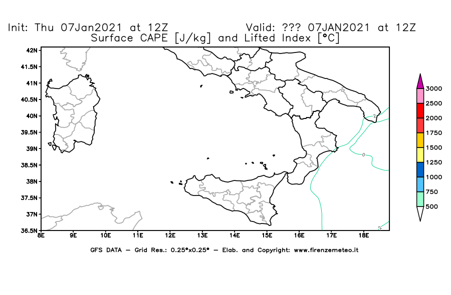 Mappa di analisi GFS - CAPE [J/kg] e Lifted Index [°C] in Sud-Italia
							del 07/01/2021 12 <!--googleoff: index-->UTC<!--googleon: index-->