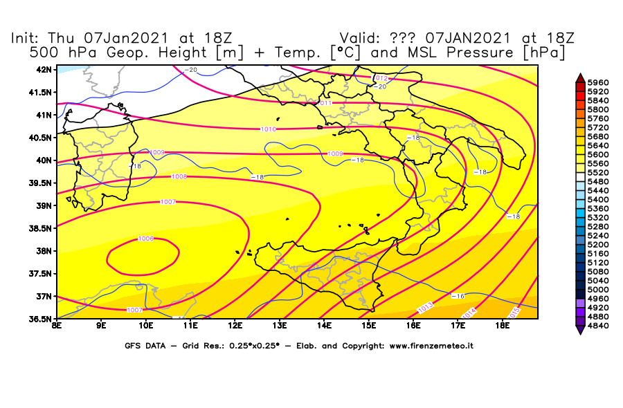 Mappa di analisi GFS - Geopotenziale [m] + Temp. [°C] a 500 hPa + Press. a livello del mare [hPa] in Sud-Italia
							del 07/01/2021 18 <!--googleoff: index-->UTC<!--googleon: index-->