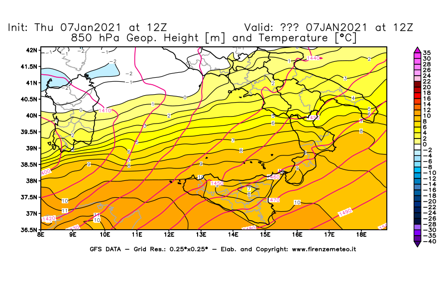 Mappa di analisi GFS - Geopotenziale [m] e Temperatura [°C] a 850 hPa in Sud-Italia
							del 07/01/2021 12 <!--googleoff: index-->UTC<!--googleon: index-->