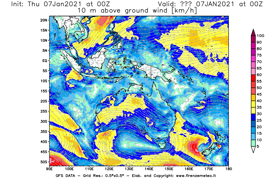 Mappa di analisi GFS - Velocità del vento a 10 metri dal suolo [km/h] in Oceania
							del 07/01/2021 00 <!--googleoff: index-->UTC<!--googleon: index-->