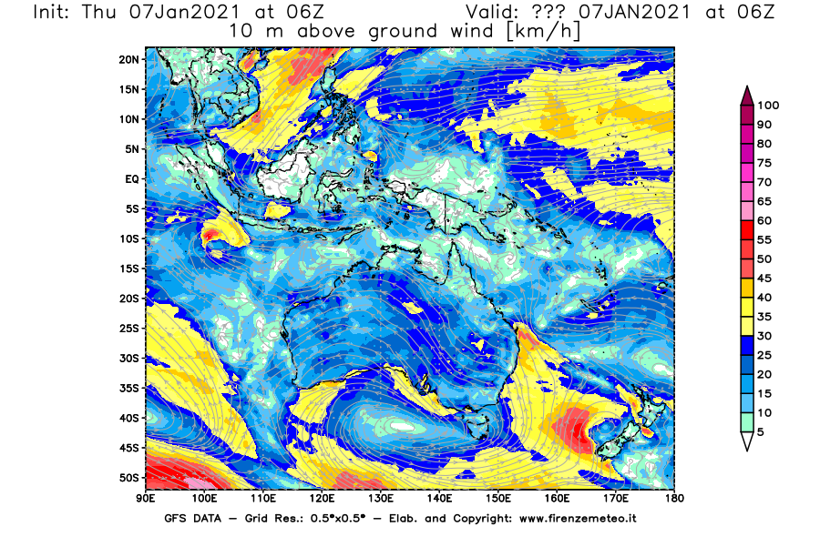 Mappa di analisi GFS - Velocità del vento a 10 metri dal suolo [km/h] in Oceania
							del 07/01/2021 06 <!--googleoff: index-->UTC<!--googleon: index-->
