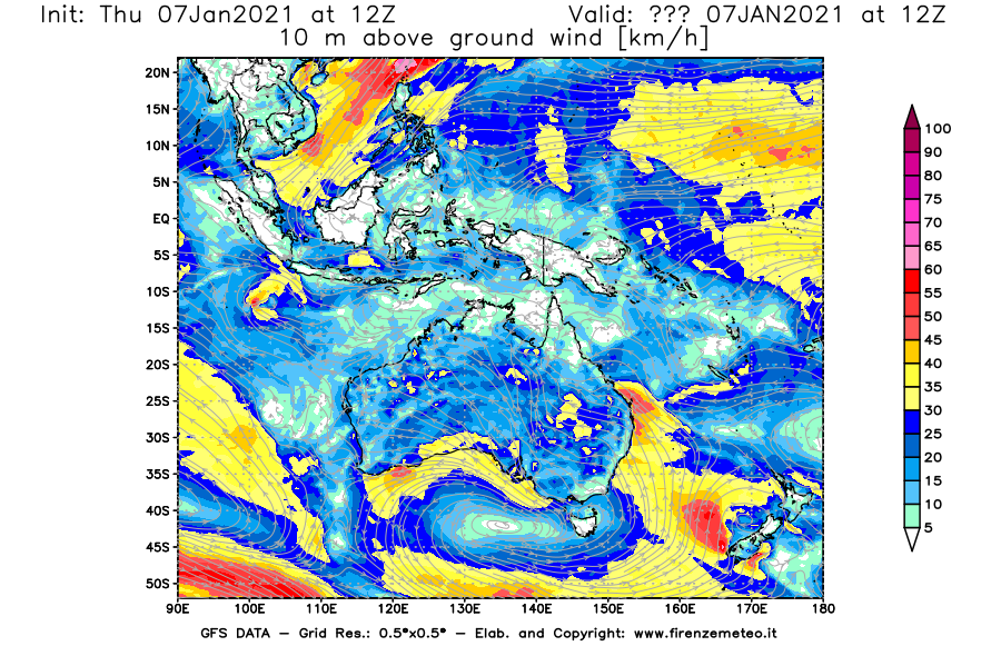 Mappa di analisi GFS - Velocità del vento a 10 metri dal suolo [km/h] in Oceania
							del 07/01/2021 12 <!--googleoff: index-->UTC<!--googleon: index-->