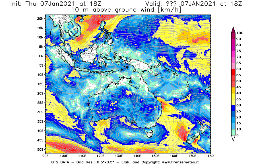 Mappa di analisi GFS - Velocità del vento a 10 metri dal suolo [km/h] in Oceania
							del 07/01/2021 18 <!--googleoff: index-->UTC<!--googleon: index-->