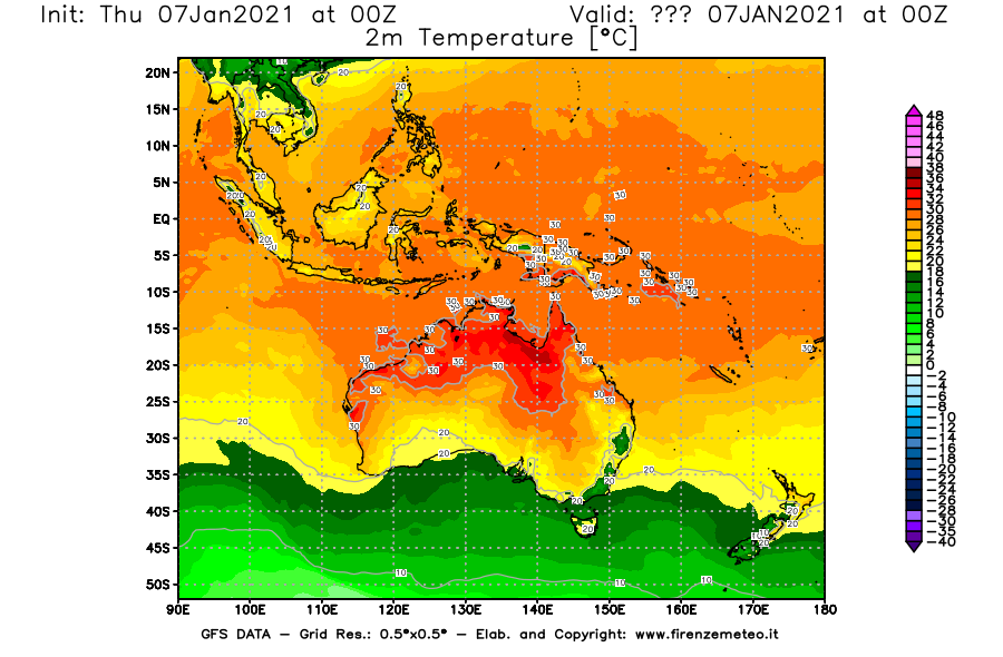 Mappa di analisi GFS - Temperatura a 2 metri dal suolo [°C] in Oceania
							del 07/01/2021 00 <!--googleoff: index-->UTC<!--googleon: index-->