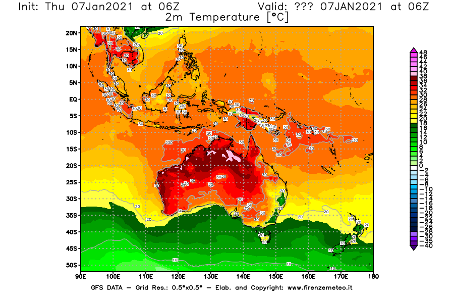 Mappa di analisi GFS - Temperatura a 2 metri dal suolo [°C] in Oceania
							del 07/01/2021 06 <!--googleoff: index-->UTC<!--googleon: index-->