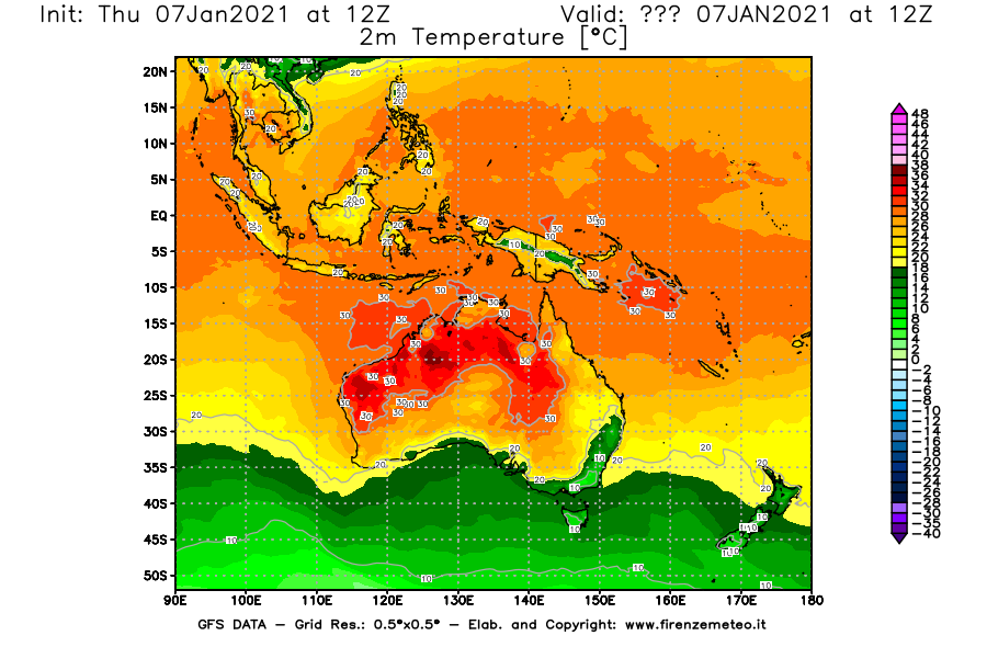 Mappa di analisi GFS - Temperatura a 2 metri dal suolo [°C] in Oceania
							del 07/01/2021 12 <!--googleoff: index-->UTC<!--googleon: index-->