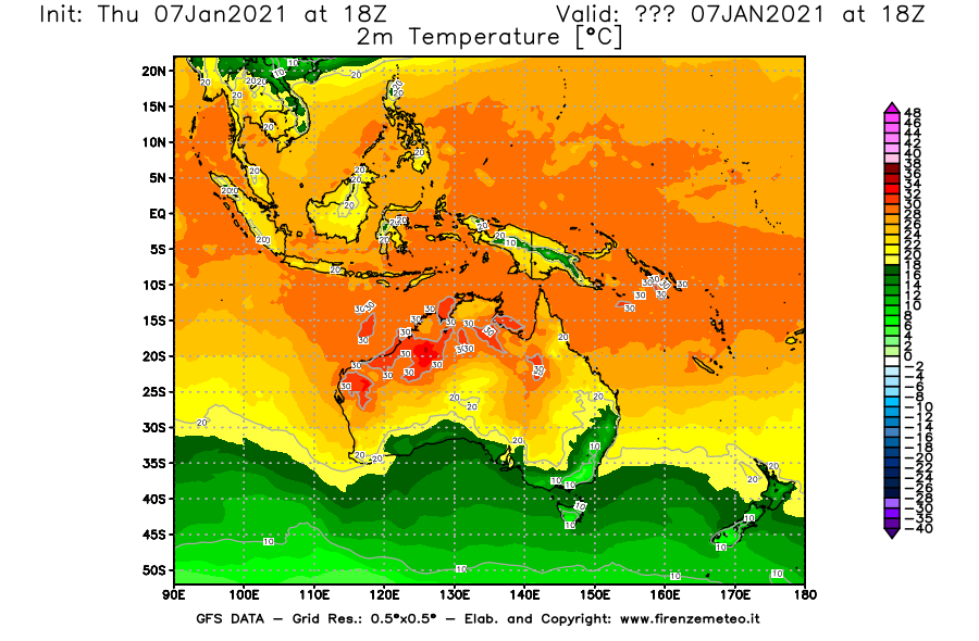 Mappa di analisi GFS - Temperatura a 2 metri dal suolo [°C] in Oceania
							del 07/01/2021 18 <!--googleoff: index-->UTC<!--googleon: index-->