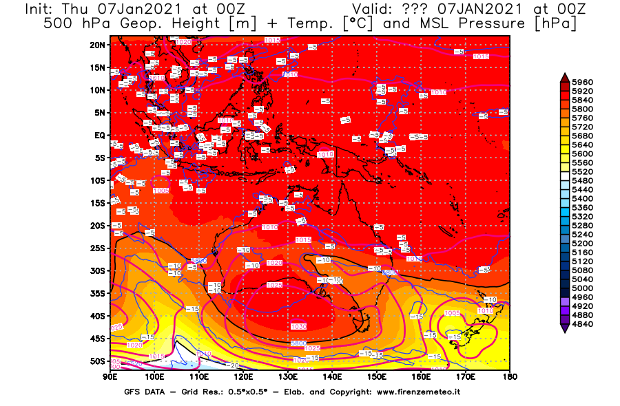 Mappa di analisi GFS - Geopotenziale [m] + Temp. [°C] a 500 hPa + Press. a livello del mare [hPa] in Oceania
							del 07/01/2021 00 <!--googleoff: index-->UTC<!--googleon: index-->