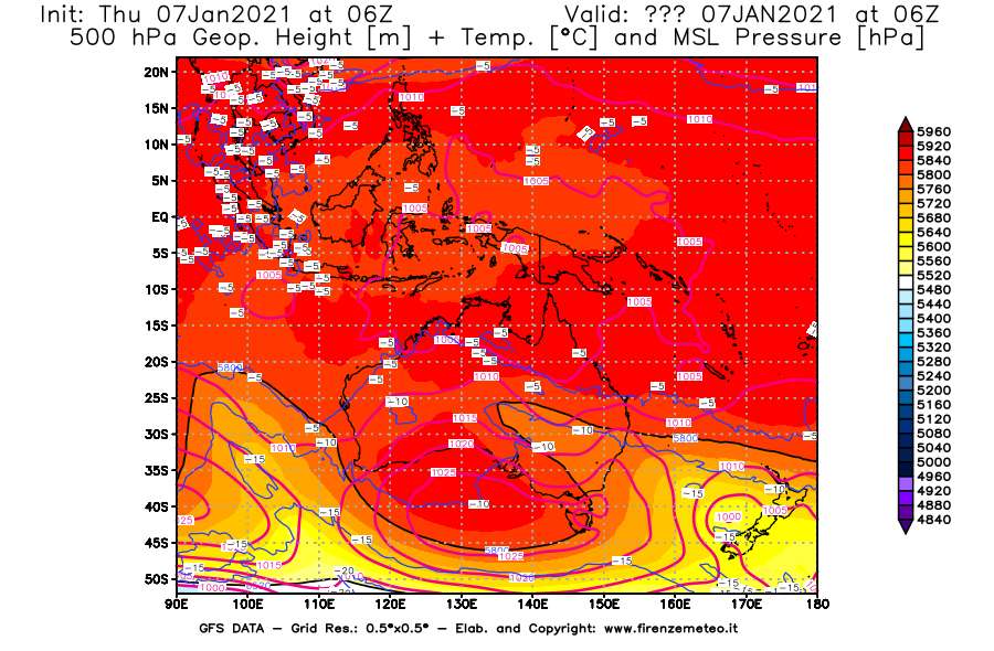 Mappa di analisi GFS - Geopotenziale [m] + Temp. [°C] a 500 hPa + Press. a livello del mare [hPa] in Oceania
							del 07/01/2021 06 <!--googleoff: index-->UTC<!--googleon: index-->