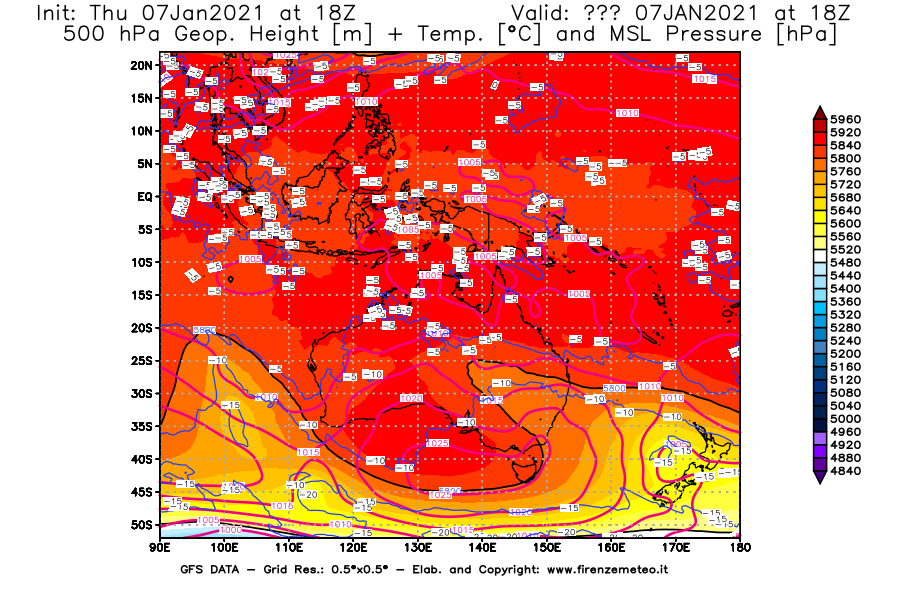 Mappa di analisi GFS - Geopotenziale [m] + Temp. [°C] a 500 hPa + Press. a livello del mare [hPa] in Oceania
							del 07/01/2021 18 <!--googleoff: index-->UTC<!--googleon: index-->