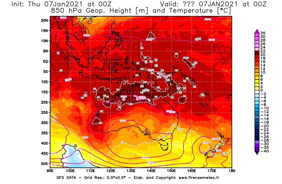 Mappa di analisi GFS - Geopotenziale [m] e Temperatura [°C] a 850 hPa in Oceania
							del 07/01/2021 00 <!--googleoff: index-->UTC<!--googleon: index-->
