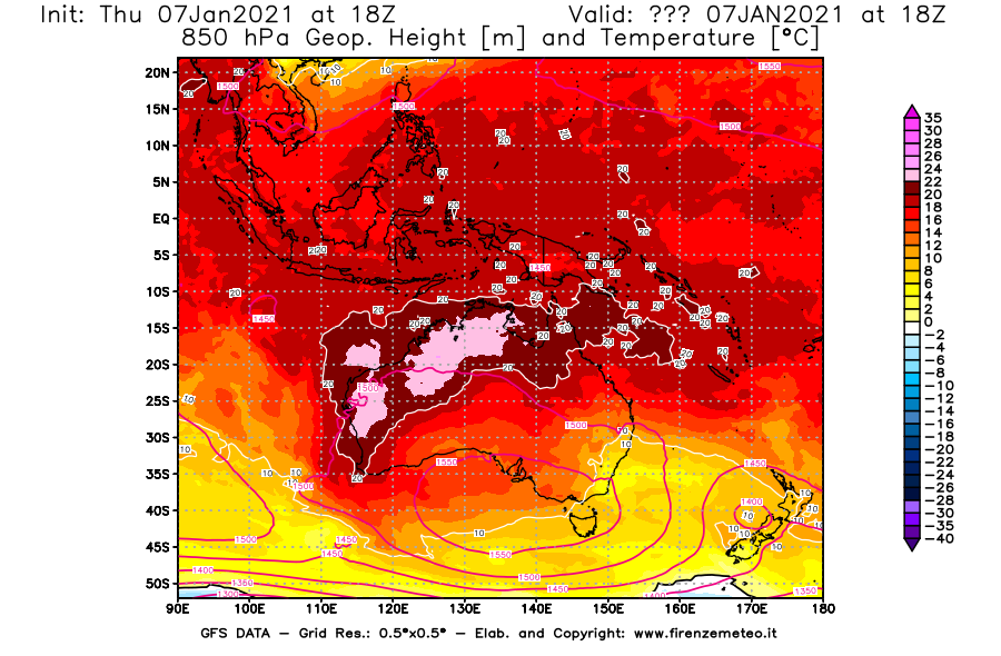 Mappa di analisi GFS - Geopotenziale [m] e Temperatura [°C] a 850 hPa in Oceania
							del 07/01/2021 18 <!--googleoff: index-->UTC<!--googleon: index-->
