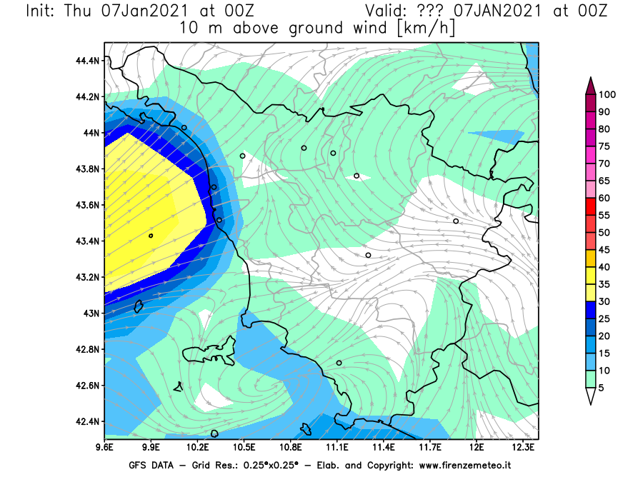 Mappa di analisi GFS - Velocità del vento a 10 metri dal suolo [km/h] in Toscana
							del 07/01/2021 00 <!--googleoff: index-->UTC<!--googleon: index-->