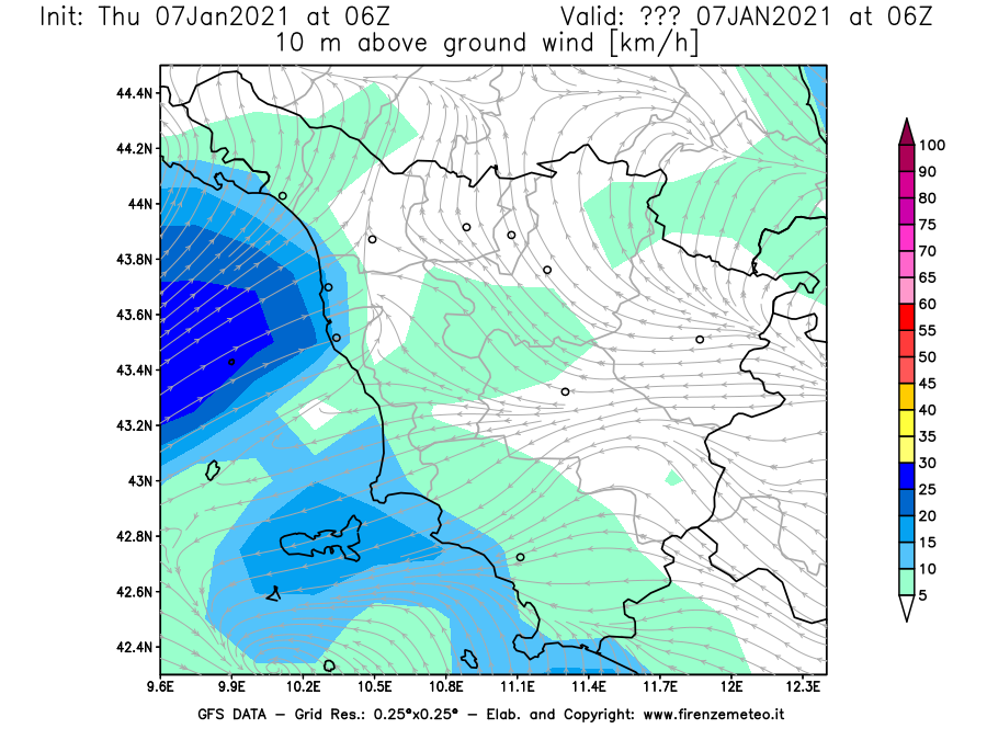 Mappa di analisi GFS - Velocità del vento a 10 metri dal suolo [km/h] in Toscana
							del 07/01/2021 06 <!--googleoff: index-->UTC<!--googleon: index-->