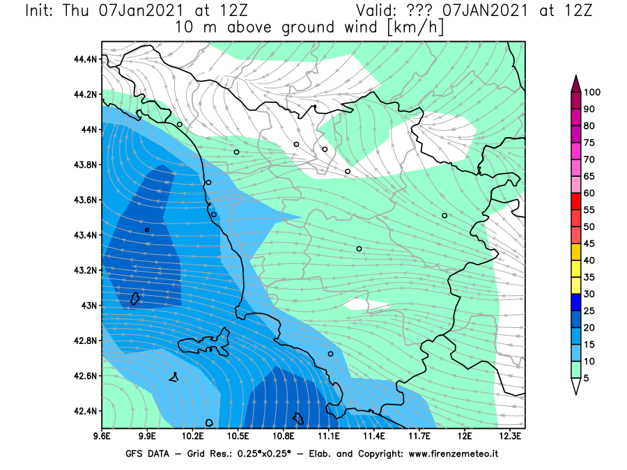 Mappa di analisi GFS - Velocità del vento a 10 metri dal suolo [km/h] in Toscana
							del 07/01/2021 12 <!--googleoff: index-->UTC<!--googleon: index-->