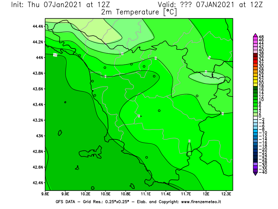 Mappa di analisi GFS - Temperatura a 2 metri dal suolo [°C] in Toscana
							del 07/01/2021 12 <!--googleoff: index-->UTC<!--googleon: index-->