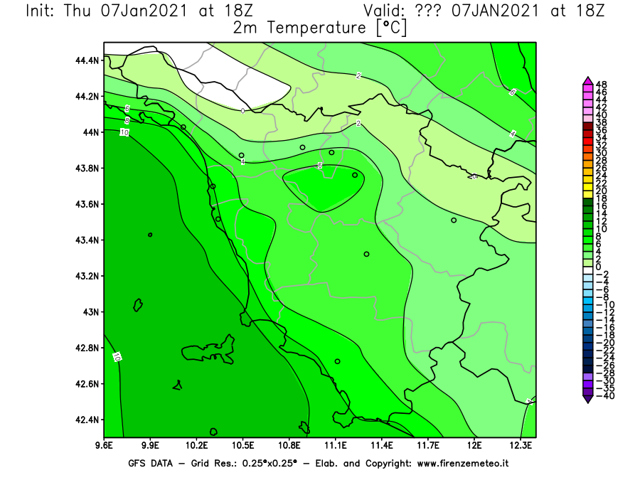 Mappa di analisi GFS - Temperatura a 2 metri dal suolo [°C] in Toscana
							del 07/01/2021 18 <!--googleoff: index-->UTC<!--googleon: index-->