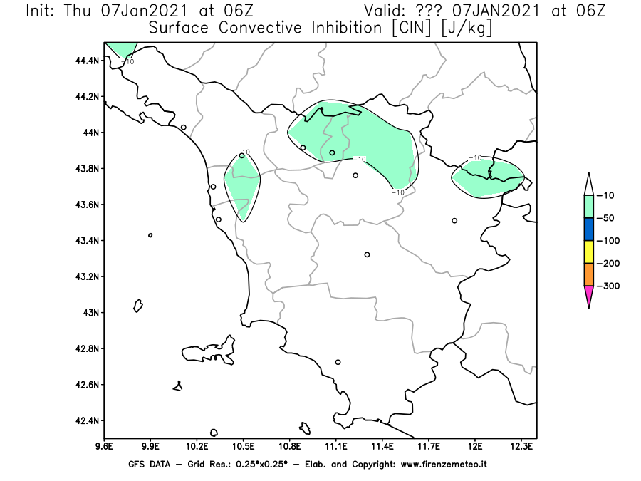 Mappa di analisi GFS - CIN [J/kg] in Toscana
							del 07/01/2021 06 <!--googleoff: index-->UTC<!--googleon: index-->