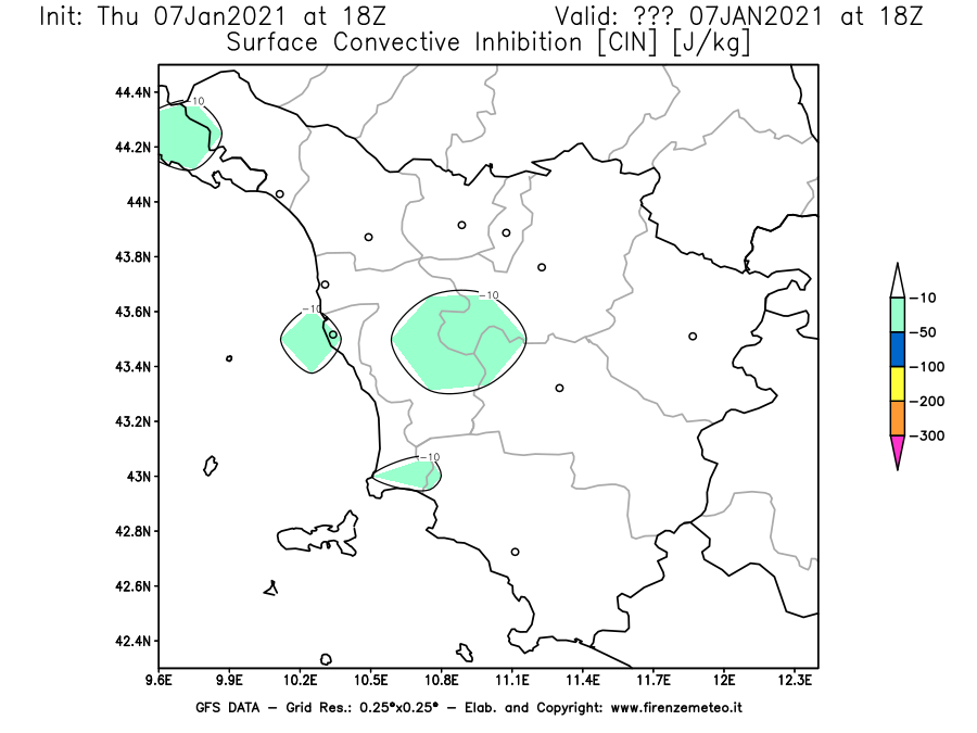 Mappa di analisi GFS - CIN [J/kg] in Toscana
							del 07/01/2021 18 <!--googleoff: index-->UTC<!--googleon: index-->