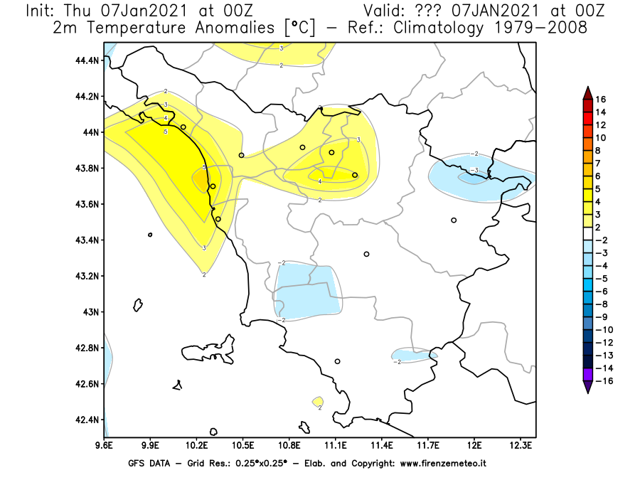 Mappa di analisi GFS - Anomalia Temperatura [°C] a 2 m in Toscana
							del 07/01/2021 00 <!--googleoff: index-->UTC<!--googleon: index-->