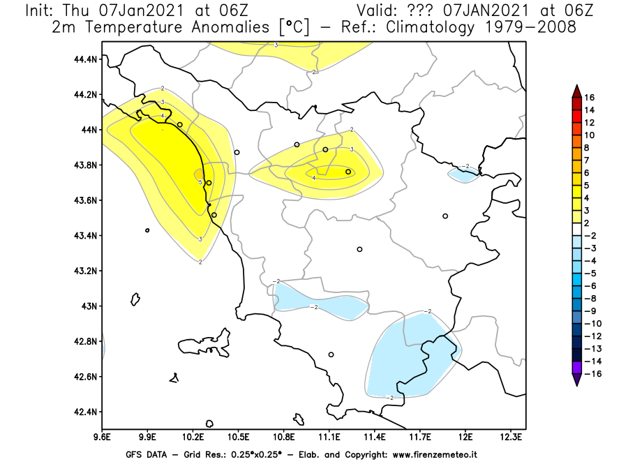 Mappa di analisi GFS - Anomalia Temperatura [°C] a 2 m in Toscana
							del 07/01/2021 06 <!--googleoff: index-->UTC<!--googleon: index-->