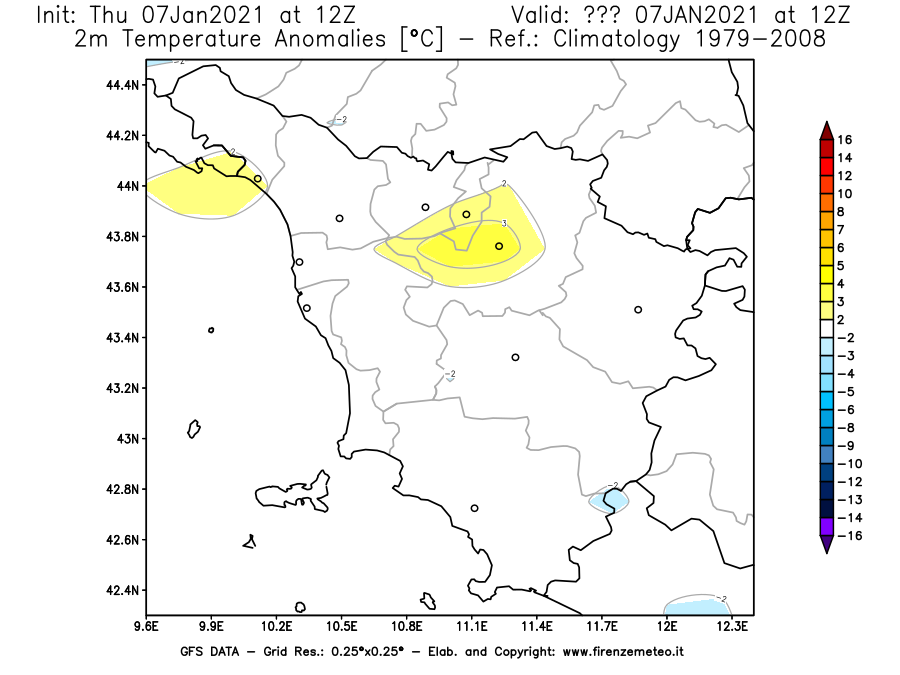 Mappa di analisi GFS - Anomalia Temperatura [°C] a 2 m in Toscana
							del 07/01/2021 12 <!--googleoff: index-->UTC<!--googleon: index-->