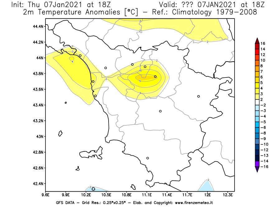 Mappa di analisi GFS - Anomalia Temperatura [°C] a 2 m in Toscana
							del 07/01/2021 18 <!--googleoff: index-->UTC<!--googleon: index-->