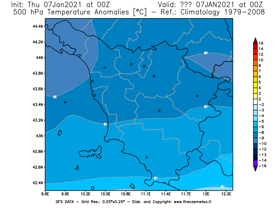 Mappa di analisi GFS - Anomalia Temperatura [°C] a 500 hPa in Toscana
							del 07/01/2021 00 <!--googleoff: index-->UTC<!--googleon: index-->