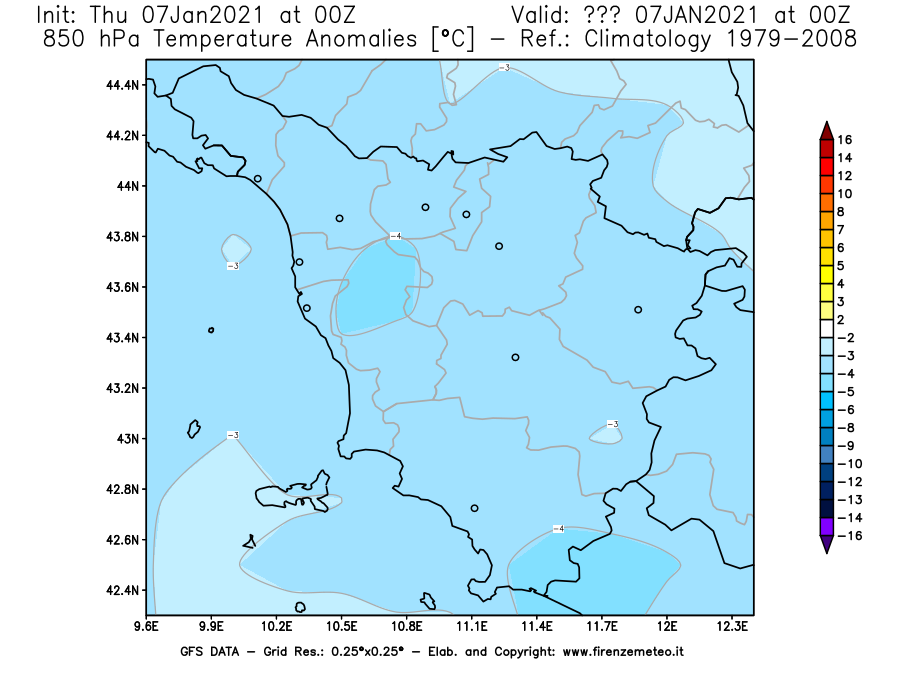 Mappa di analisi GFS - Anomalia Temperatura [°C] a 850 hPa in Toscana
							del 07/01/2021 00 <!--googleoff: index-->UTC<!--googleon: index-->