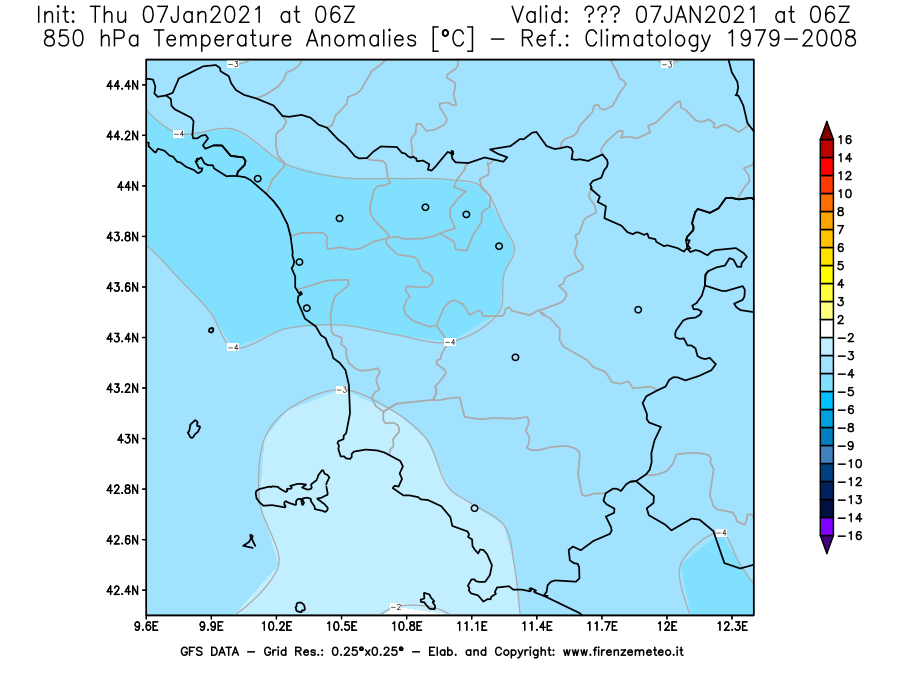 Mappa di analisi GFS - Anomalia Temperatura [°C] a 850 hPa in Toscana
							del 07/01/2021 06 <!--googleoff: index-->UTC<!--googleon: index-->