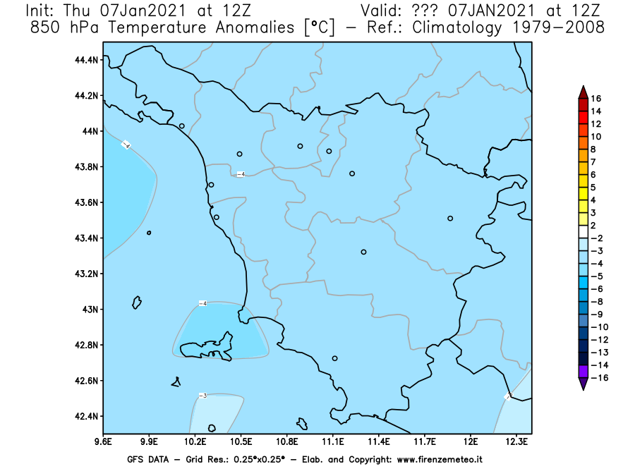 Mappa di analisi GFS - Anomalia Temperatura [°C] a 850 hPa in Toscana
							del 07/01/2021 12 <!--googleoff: index-->UTC<!--googleon: index-->