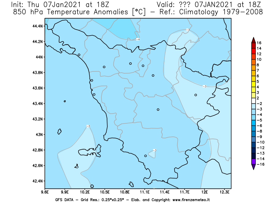 Mappa di analisi GFS - Anomalia Temperatura [°C] a 850 hPa in Toscana
							del 07/01/2021 18 <!--googleoff: index-->UTC<!--googleon: index-->