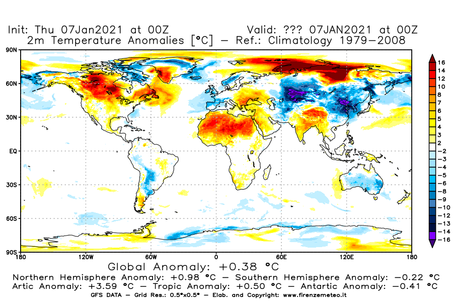 Mappa di analisi GFS - Anomalia Temperatura [°C] a 2 m in World
							del 07/01/2021 00 <!--googleoff: index-->UTC<!--googleon: index-->