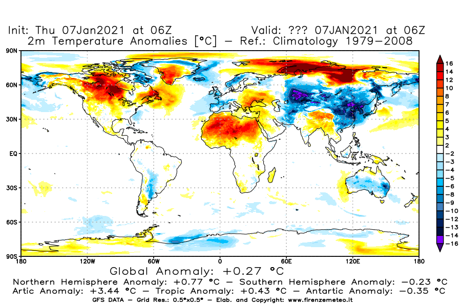 Mappa di analisi GFS - Anomalia Temperatura [°C] a 2 m in World
							del 07/01/2021 06 <!--googleoff: index-->UTC<!--googleon: index-->