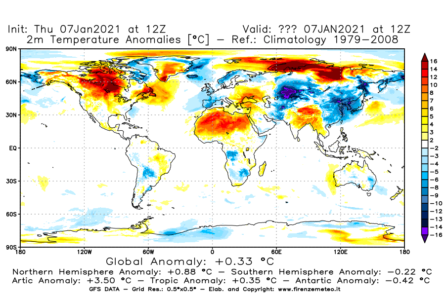 Mappa di analisi GFS - Anomalia Temperatura [°C] a 2 m in World
							del 07/01/2021 12 <!--googleoff: index-->UTC<!--googleon: index-->