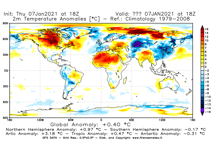 Mappa di analisi GFS - Anomalia Temperatura [°C] a 2 m in World
							del 07/01/2021 18 <!--googleoff: index-->UTC<!--googleon: index-->
