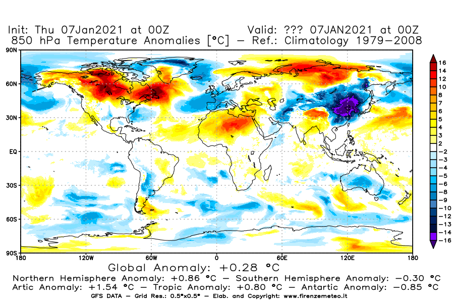 Mappa di analisi GFS - Anomalia Temperatura [°C] a 850 hPa in World
							del 07/01/2021 00 <!--googleoff: index-->UTC<!--googleon: index-->