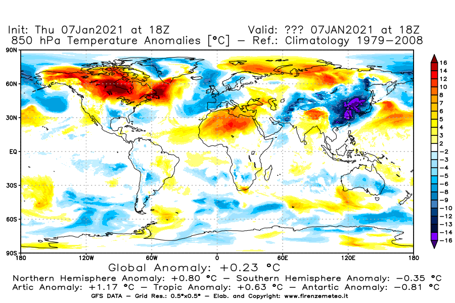 Mappa di analisi GFS - Anomalia Temperatura [°C] a 850 hPa in World
							del 07/01/2021 18 <!--googleoff: index-->UTC<!--googleon: index-->