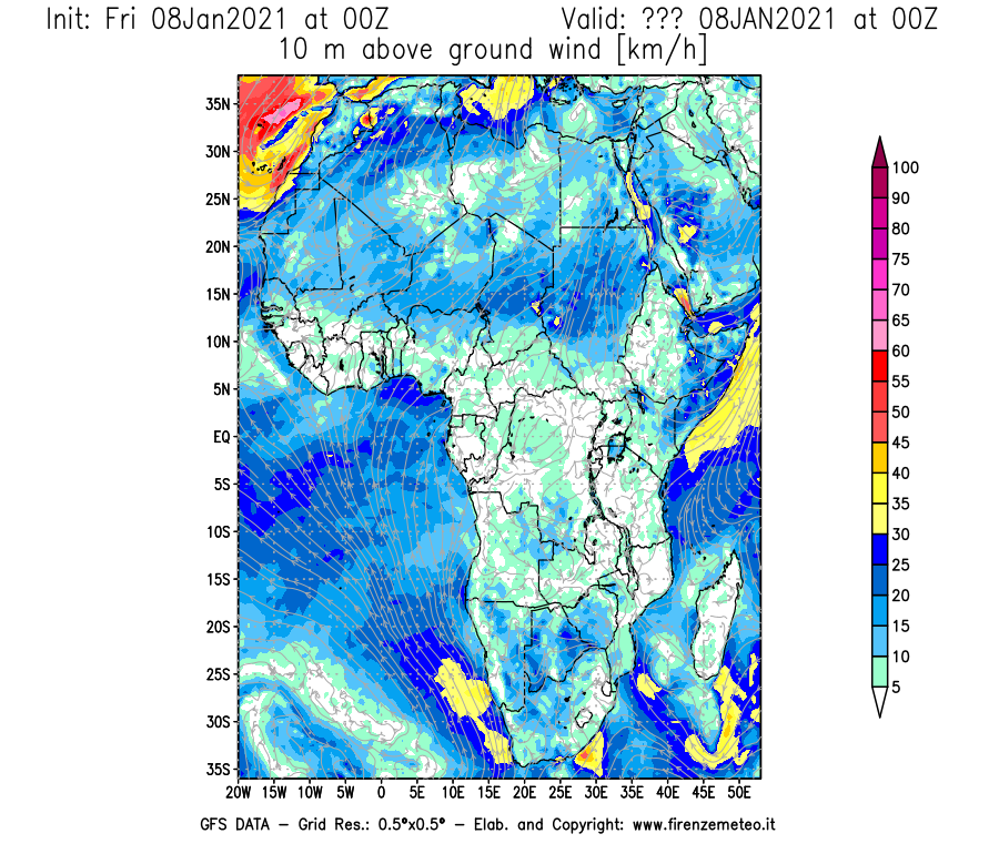 Mappa di analisi GFS - Velocità del vento a 10 metri dal suolo [km/h] in Africa
							del 08/01/2021 00 <!--googleoff: index-->UTC<!--googleon: index-->