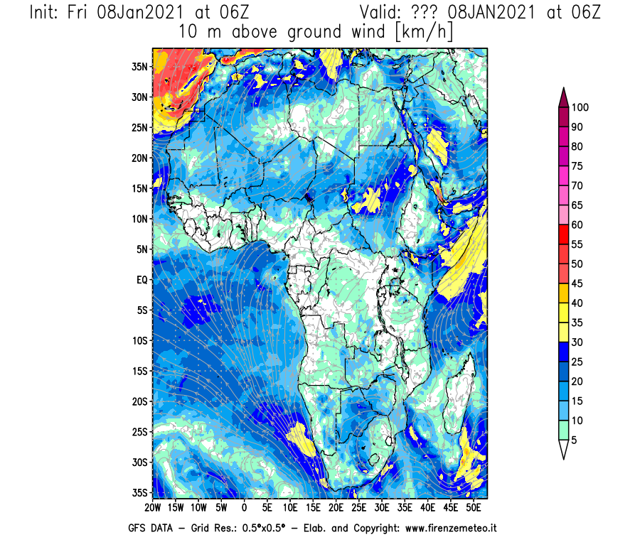 Mappa di analisi GFS - Velocità del vento a 10 metri dal suolo [km/h] in Africa
							del 08/01/2021 06 <!--googleoff: index-->UTC<!--googleon: index-->