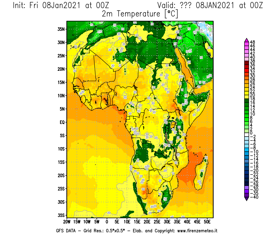 Mappa di analisi GFS - Temperatura a 2 metri dal suolo [°C] in Africa
							del 08/01/2021 00 <!--googleoff: index-->UTC<!--googleon: index-->