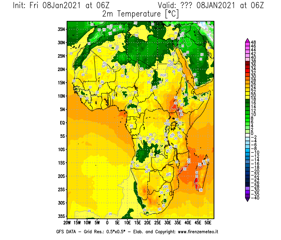 Mappa di analisi GFS - Temperatura a 2 metri dal suolo [°C] in Africa
							del 08/01/2021 06 <!--googleoff: index-->UTC<!--googleon: index-->
