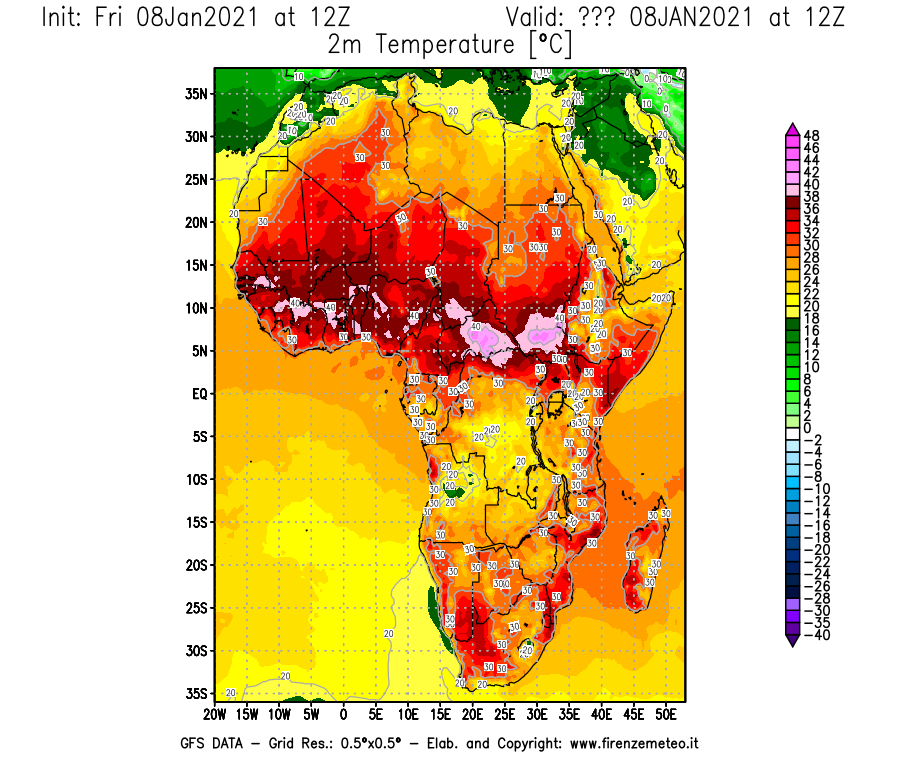 Mappa di analisi GFS - Temperatura a 2 metri dal suolo [°C] in Africa
							del 08/01/2021 12 <!--googleoff: index-->UTC<!--googleon: index-->